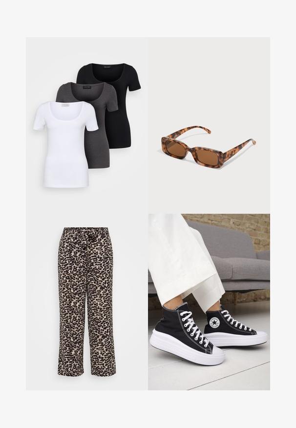 Três t-shirts ajustadas em branco, cinza e preto. Cada uma possui um decote amplo e mangas curtas. Feitas de um tecido liso e elástico.; Calças de perna larga feitas de um tecido suave, com um padrão de estampa de leopardo em bege e preto. Cintura ajustável com um detalhe de laço.; Ténis pretos de cano alto com solas e atacadores em borracha branca. Apresentam um emblema redondo e costuras contrastantes em branco. Material em lona.; Uns óculos de sol de padrão tartaruga com lentes retangulares castanhas, uma armação grossa e hastes finas com um padrão de diferentes tons de castanho.
