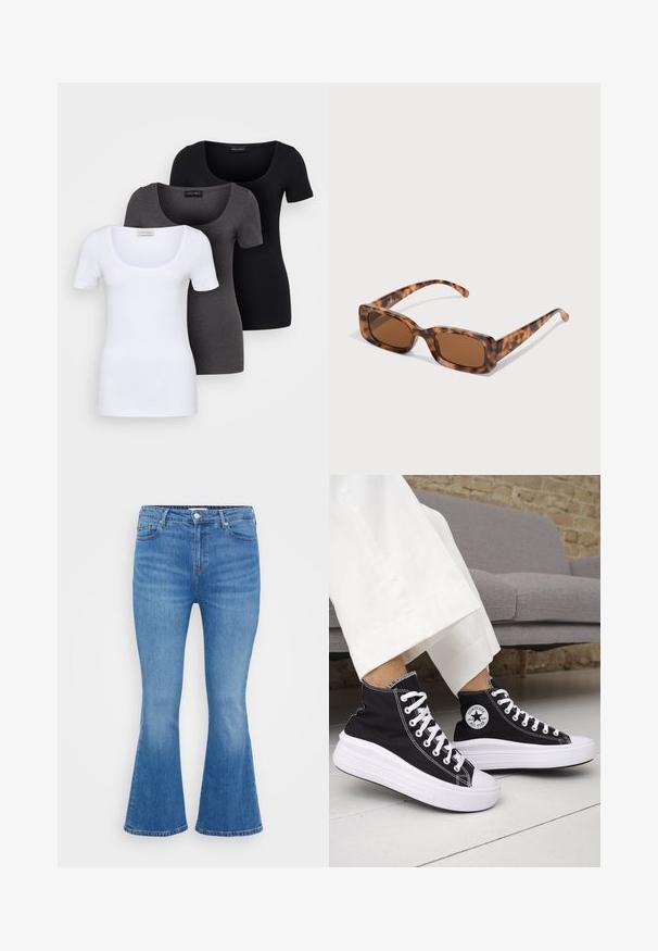Trois T-shirts ajustés en blanc, gris et noir. Chacun présente un décolleté large et des manches courtes. Fabriqués en tissu lisse et extensible.; Jean flare en denim bleu clair, avec taille haute, cinq poches et fermeture à bouton classique. Texture lisse avec un léger dégradé.; Baskets montantes noires avec semelles et lacets en caoutchouc blanc. Dotées d'un patch logo rond et de surpiqûres blanches contrastantes. Matière en toile.; Lunettes de soleil en écaille de tortue avec des verres rectangulaires marron, une monture épaisse et des branches fines présentant un motif de nuances variées de marron.
