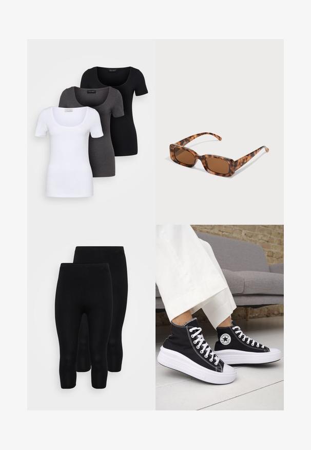 Três t-shirts ajustadas em branco, cinza e preto. Cada uma possui um decote amplo e mangas curtas. Feitas de um tecido liso e elástico.; Leggings pretos elásticos com um design sem emendas, apresentando um comprimento até a meia-cama, textura suave e um cós elástico para conforto.; Ténis pretos de cano alto com solas e atacadores em borracha branca. Apresentam um emblema redondo e costuras contrastantes em branco. Material em lona.; Uns óculos de sol de padrão tartaruga com lentes retangulares castanhas, uma armação grossa e hastes finas com um padrão de diferentes tons de castanho.