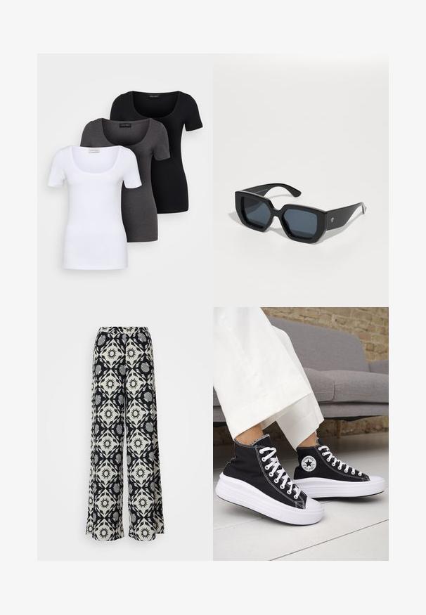 Trois T-shirts ajustés en blanc, gris et noir. Chacun présente un décolleté large et des manches courtes. Fabriqués en tissu lisse et extensible.; Un pantalon large avec un motif noir et blanc mettant en avant des motifs de soleil et de coquillage. Fabriqué en tissu léger avec une ceinture confortable.; Baskets montantes noires avec semelles et lacets en caoutchouc blanc. Dotées d'un patch logo rond et de surpiqûres blanches contrastantes. Matière en toile.; Lunettes de soleil noires surdimensionnées avec un design géométrique, des verres rectangulaires et une finition brillante. Pas de marquage visible à l'avant.