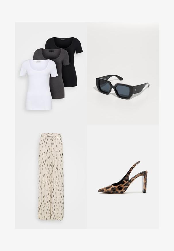 Trei tricouri ajustate, în alb, gri și negru. Fiecare are un decolteu larg în formă de cerc și mâneci scurte. Fabricate dintr-un material neted și elastic.; Fustă maxi crem cu motive în diamant negru și florale, țesătură plisată, detaliu cu cordon la talie și design fluid.; Pantof cu toc înalt, cu imprimeu leopard, cu vârf ascuțit și toc transparent. Fabricat dintr-un material lucios, cu o textură netedă.; Ochelari de soare de mari dimensiuni, negri, cu un design geometric, lentile rectangulare și finisaj lucios. Fără branding vizibil pe față.