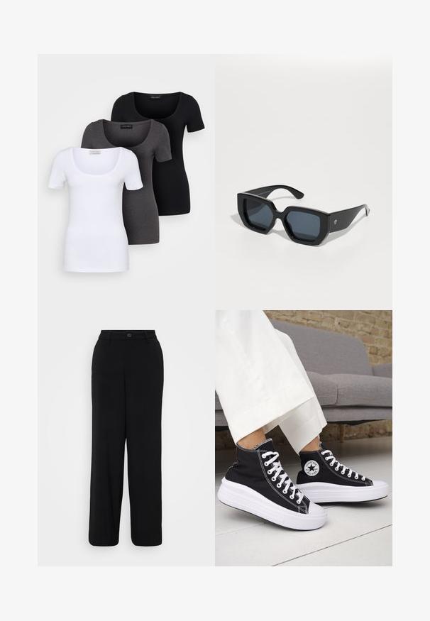Tři přiléhavé trička v bílé, šedé a černé barvě. Každé má široký výstřih a krátké rukávy. Vyrobeno z hladké, pružné tkaniny.; Černé kalhoty s širokými nohavicemi z hladkého materiálu. Mají pas s knoflíkovým zapínáním a přední sklady.; Černé vysoké tenisky s bílými gumovými podrážkami a tkaničkami. Mají kulatou nášivku s logem a kontrastní bílé prošití. Materiál plátno.; Černé oversized sluneční brýle s geometrickým designem, obdélníkovými skly a lesklým povrchem. Na přední straně není viditelné žádné logo.