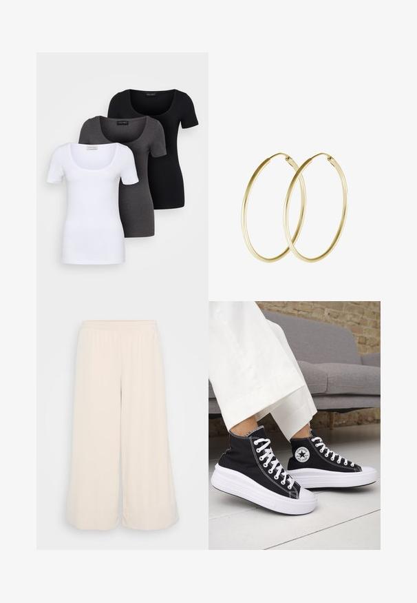 Tri prilegla majica v beli, sivi in črni barvi. Vsaka ima širok izrez na vratu in kratke rokave. Narejene so iz gladkega, raztegljivega materiala.; Svetlo bež široke hlače iz mehkega, teksturiranega materiala. Elastičen pas z urejenim robom. Enostaven dizajn brez žepov.; Črni visoki supergi z belimi gumijastimi podplati in vezalkami. Na njih je okrogel logotip in kontrastno belo šivanje. Iz blaga platna.; Zlate obročaste uhane z gladkim, zaobljenim dizajnom in sijočo končno obdelavo. Lahka konstrukcija z varnim zapiranjem.