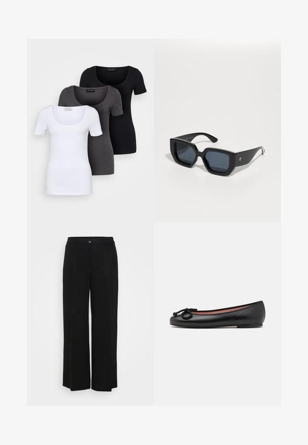 Tre åtsittande T-shirts i vitt, grått och svart. Var och en har en bred rundad halsringning och korta ärmar. Tillverkade av mjukt, stretcht tyg.; Svarta byxor med vida ben i en slät textur, med knäppning, sydd midja och utan synliga mönster eller dekorationer.; Svart läderskon i balettstil med rund tå, prydd med en dekorativ rosett och slät yta. Minimalistisk design med en låg, platt sula.; Svarta överdimensionerade solglasögon med geometrisk design, rektangulära linser och blank yta. Ingen synlig märkning på framsidan.; Silverfärgade metallörhängen med en vågig, skulptural design som har en polerad yta och oregelbundna former, vilket framhäver en samtida estetik.