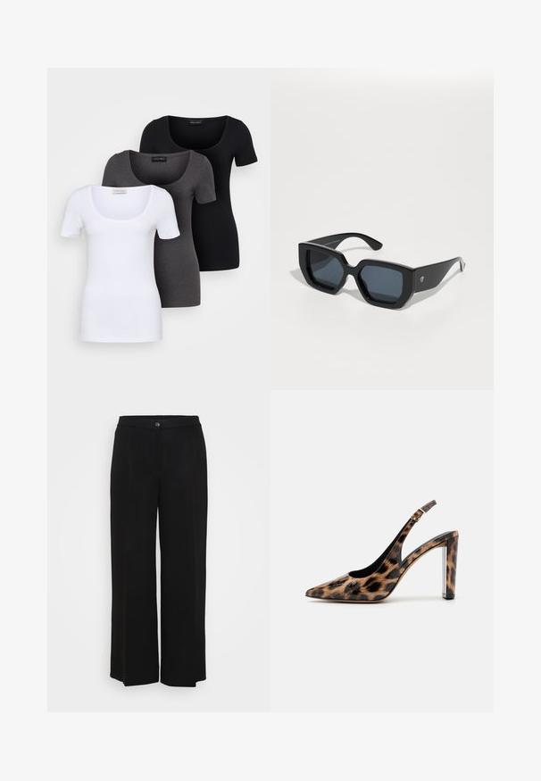 Three fitted T-shirts in white, gray, and black. Each features a wide scoop neckline and short sleeves. Made from smooth, stretchy fabric.; Black wide-leg trousers with a smooth texture, featuring a button closure, stitched waistband, and no visible patterns or accents.; Leopard print slingback pump with a pointed toe and transparent block heel. Made of glossy material with a smooth texture.; Black oversized sunglasses with a geometric design, rectangular lenses, and glossy finish. No visible branding on the front.
