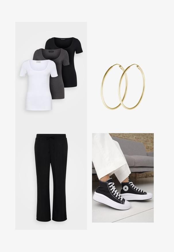 Tri fitted T-shirtovi u bijeloj, sivoj i crnoj boji. Svaki ima široki izrez na vratu i kratke rukave. Napravljen od glatkoga, rastezljivog materijala.; Crne hlače širokog kroja izrađene od mekog materijala, s elastičnim pojasom i vezicom te širokim nogavicama. Nema vidljivih uzoraka.; Crne platnene visoke tenisice s bijelim gumiranim potplatima i vezicama. Imaju kružni logo sa strane i kontrastne bijele šavove.; Zlatne kružne naušnice s glatkim, zaobljenim dizajnom i sjajnom završnom obradom. Lagana konstrukcija s sigurnim kopčanjem.
