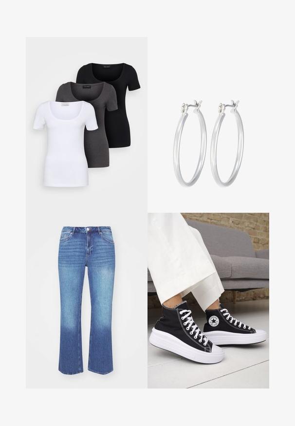 Trīs pieguļoši T-krekli baltā, pelēkā un melnā krāsā. Katram ir plaša izgriezuma kakla un īsas piedurknes. Izgatavoti no gluda, elastīga auduma.; Džinsi ar gaismas līdz vidēji zilu gradientu. Iespējas ar taisnu kāju griezumu, piecām kabatām un izšūtiem akcentiem gar šuvēm.; Melnas augstās topa kedas ar baltām gumijas zolēm un auklām. Tās ir ar apaļu logotipa uzšuvumu un kontrastējošām baltām šuvēm. Materiāls no kanvas.; Sudraba riņķveida auss gredzeni ar gludu, pulētu apdari. Apaļa forma un drošs klikšķa augšējais slēgums. Viegls dizains, kas piemērots ikdienas valkāšanai.
