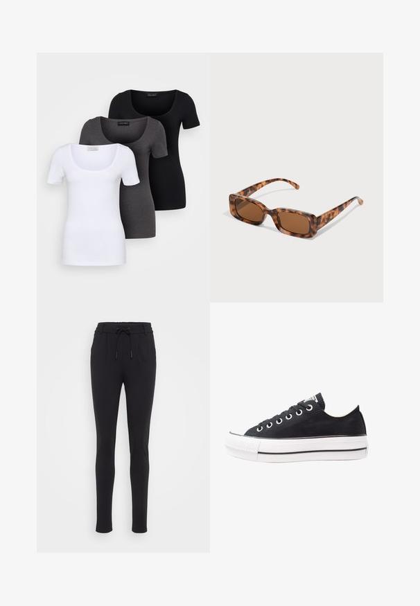 Drei figurbetonte T-Shirts in Weiß, Grau und Schwarz. Jedes hat einen weiten Rundhalsausschnitt und kurze Ärmel. Hergestellt aus glattem, elastischem Stoff.; Schwarze, schmal zulaufende Jogginghosen aus einem weichen, dehnbaren Material. Mit einem elastischen Bund und Kordelzug sowie seitlichen Taschen. Glatte Textur.; Schwarze Leinensneaker mit weißer Gummisohle, runder Zehenpartie, niedriger Schnürung, Metallösen und einer strukturierten Zehenkappe. Dünner schwarzer Streifen entlang der Sohle.; Schildpattsonnenbrille mit rechteckigen, braunen Gläsern, einem dicken Rahmen und schmalen Bügeln, die ein Muster aus verschiedenen Brauntönen aufweisen.