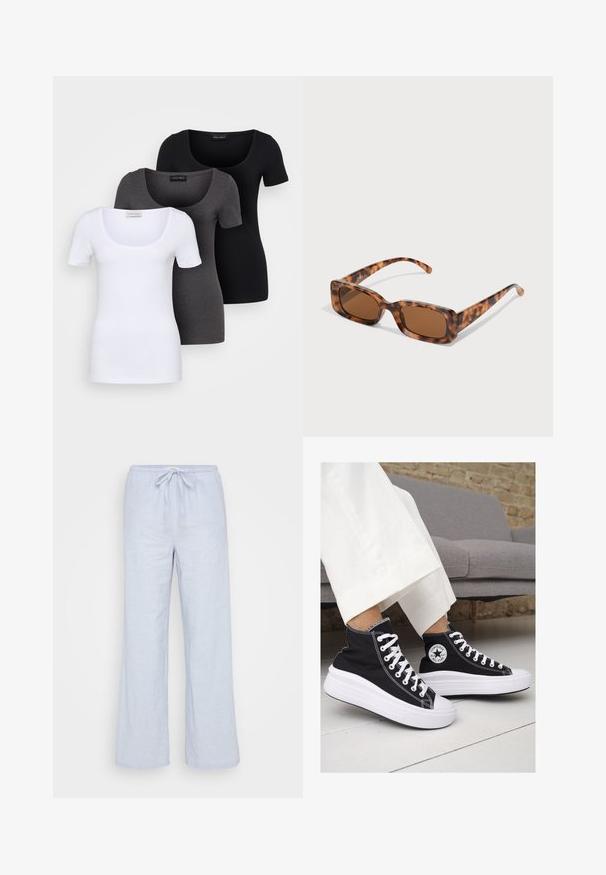 Drie getailleerde T-shirts in het wit, grijs en zwart. Elk met een brede ronde hals en korte mouwen. Gemaakt van gladde, rekbare stof.; Lichtblauwe linnen broeken met een ontspannen pasvorm, een koord taille en wijde pijpen. Gladde textuur, ideaal voor casual draag.; Zwarte canvas hoge sneakers met witte rubberen zolen en veters. Voorzien van een cirkelvormig logo aan de zijkant en contrasterende witte stiksels.; Tortoiseshell zonnebril met rechthoekige bruine lenzen, een dik montuur en slanke armen met een patroon van variërende bruintinten.