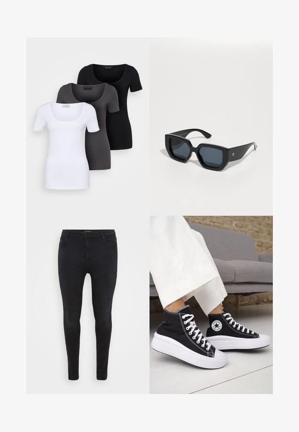 Tri fitted T-shirtovi u bijeloj, sivoj i crnoj boji. Svaki ima široki izrez na vratu i kratke rukave. Napravljen od glatkoga, rastezljivog materijala.; Crne uske traperice izrađene od denima, s klasičnim dizajnom od pet džepova i slim fit krojem. Glatka tekstura s minimalnim detaljima šivanja.; Crne tenisice visoke košarke s bijelim gumenim potplatom i vezicama. Imaju okruglu logotipsku zakrpu i kontrastni bijeli šav. Materijal od platna.; Crne prevelike sunčane naočale s geometrijskim dizajnom, pravokutnim lećama i sjajnom završnom obradom. Nema vidljivog brendiranja sprijeda.