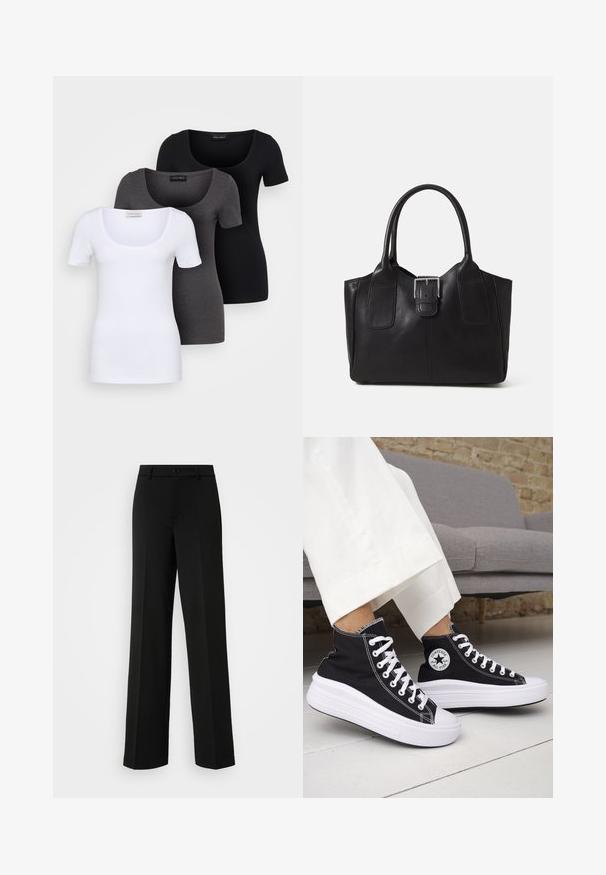Drie getailleerde T-shirts in het wit, grijs en zwart. Elk met een brede ronde hals en korte mouwen. Gemaakt van gladde, rekbare stof.; ONLY Tall ONLPEACH LIFE WIDE - Broek - black; Zwarte hoge sneakers met witte rubberen zolen en veters. Voorzien van een ronde logo patch en contrasterende witte stiksels. Gemaakt van canvas.; Zwarte leren tote bag met een gladde textuur, gestructureerde vorm, twee handvatten en een opvallend zilveren sluitingdetail aan de voorkant.