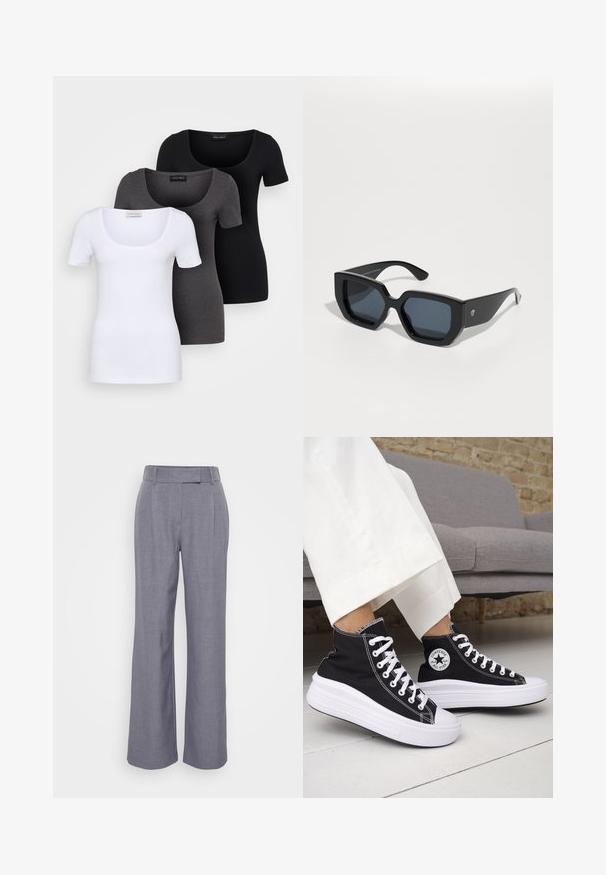 Three fitted T-shirts in white, gray, and black. Each features a wide scoop neckline and short sleeves. Made from smooth, stretchy fabric.; Gray wide-leg trousers made of textured fabric. Features a flat waistband with belt loops and front pleats for added detail.; Black high-top sneakers with white rubber soles and laces. Features a round logo patch and contrasting white stitching. Canvas material.; Black oversized sunglasses with a geometric design, rectangular lenses, and glossy finish. No visible branding on the front.
