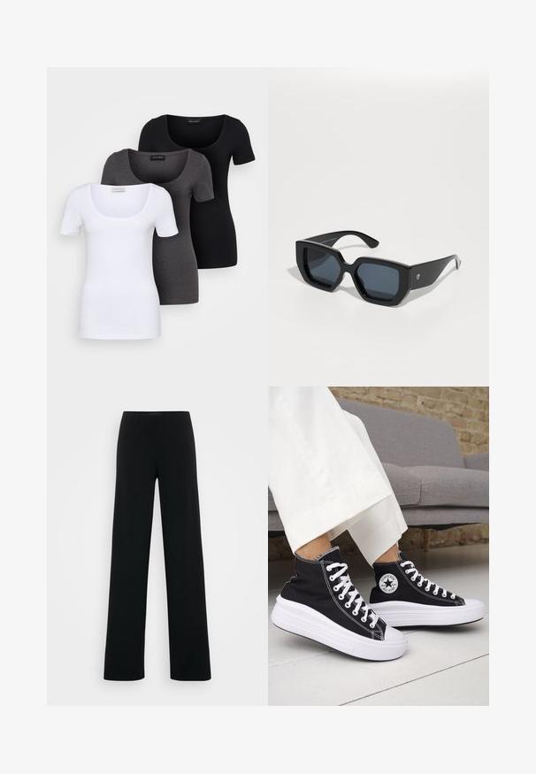 Three fitted T-shirts in white, gray, and black. Each features a wide scoop neckline and short sleeves. Made from smooth, stretchy fabric.; Vero Moda Tall VMBERLIN ZAMIRA WIDE - Trousers - black; Black high-top sneakers with white rubber soles and laces. Features a round logo patch and contrasting white stitching. Canvas material.; Black oversized sunglasses with a geometric design, rectangular lenses, and glossy finish. No visible branding on the front.