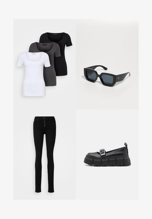 Tri prilegla majica v beli, sivi in črni barvi. Vsaka ima širok izrez na vratu in kratke rokave. Narejene so iz gladkega, raztegljivega materiala.; Črne skinny kavbojke visoka pasu, izdelane iz denima, s petimi gumbi spredaj, zankami za pas in gladko teksturo.; Črne platformske loafer čevlje s zaobljenim nosom, gladkim usnjem, nastavljivo sponko in rebrastim gumijastim podplatom s horizontalnimi reberci.; Črne velike sončne očala z geometrijskim dizajnom, pravokotnimi lečami in sijočo površino. Brez vidne blagovne znamke spredaj.