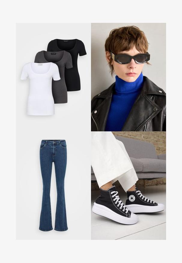 Three fitted T-shirts in white, gray, and black. Each features a wide scoop neckline and short sleeves. Made from smooth, stretchy fabric.; Flared denim jeans in dark blue, featuring a classic five-pocket design, contrasting stitching, and a button closure at the waist.; Black high-top sneakers with white rubber soles and laces. Features a round logo patch and contrasting white stitching. Canvas material.; Black sunglasses with rounded edges and tinted lenses. Features gold accent hardware on the temples. Worn with a blue ribbed turtleneck and leather jacket.