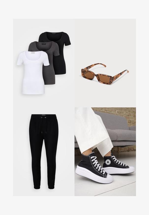Tri prilegla majica v beli, sivi in črni barvi. Vsaka ima širok izrez na vratu in kratke rokave. Narejene so iz gladkega, raztegljivega materiala.; Črne jogger hlače z elastičnim pasom, nastavljivim vrvico in zaprtimi gležnji. Narejene so iz mehkega materiala za udobje.; Črni visoki supergi z belimi gumijastimi podplati in vezalkami. Na njih je okrogel logotip in kontrastno belo šivanje. Iz blaga platna.; Želve sunčane naočale s pravokutnim smešnim lećama, debelim okvirom i tankim ručkama s uzorkom različitih nijansi smeđe boje.