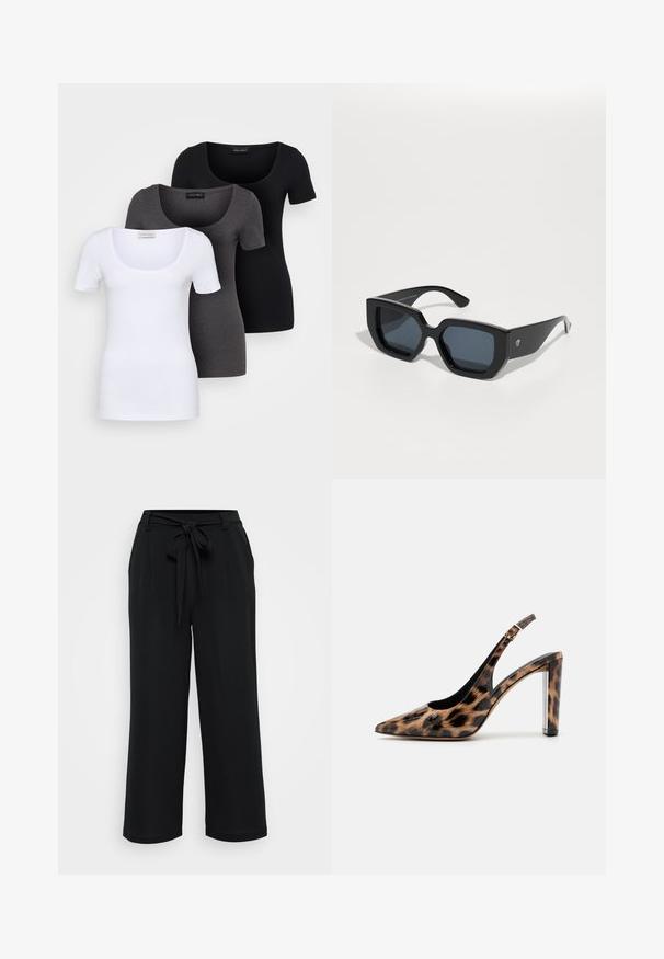 Tre figurerte T-skjorter i hvit, grå og svart. Hver har en bred scoop-nakke og korte ermer. Laget av glatt, elastisk stoff.; Sorte vidde bukser laget av myk stoff. Har en front knytbelte, folder og oppbrettede mansjetter, som gir en avslappet silhuett.; Leopardmønstret slingback pumpsko med spidse tæer og gennemsigtig blokhæl. Lavet af glossy materiale med en glat tekstur.; Svart oversized solbriller med geometrisk design, rektangulære linser og blank overflate. Ingen synlig merkevare på forsiden.