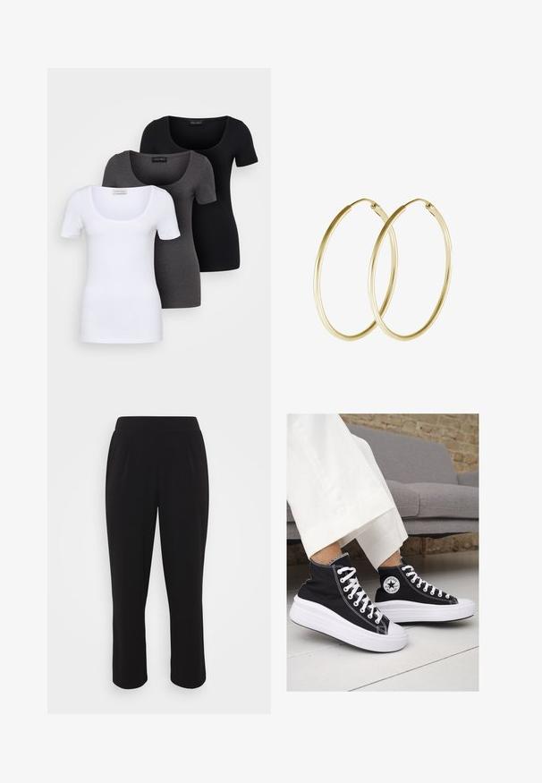 Trys priderinti marškiniai: balti, pilki ir juodi. Kiekvienas turi plačią apvalią iškirptę ir trumpas rankoves. Pagaminti iš lygaus, tamprių audinio.; Juodi trumpi kelnės su lygiu paviršiumi, elastinga juosmeniu ir tiesiomis kojomis. Papildomam akcentui turi priekinį raukšlėjimą.; Juodi kanvasiniai aukšti sportbačiai su baltais guminiais padu ir raišteliais. Šonuose yra apskritas logotipas ir ryški balta siūlė.; Aukso auskarai žiedai su lygia, apvali forma ir blizgiu paviršiumi. Lengva konstrukcija su saugiu užsegimu.