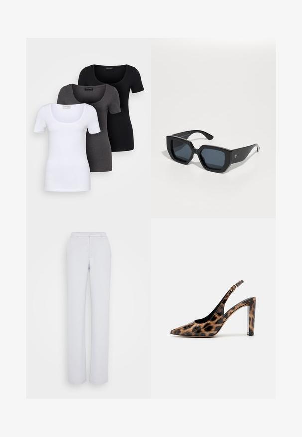 Trys priderinti marškiniai: balti, pilki ir juodi. Kiekvienas turi plačią apvalią iškirptę ir trumpas rankoves. Pagaminti iš lygaus, tamprių audinio.; Šviesiai pilki kelnės su tiesia kojų forma, pagamintos iš lygios medžiagos, su lygiu priekiniu paviršiumi, juosmeniu ir jokių matomų dekoracijų.; Leopardų rašto slingback aukštakulniai su smailiu priekiu ir skaidriu blokuotu kulnu. Pagaminti iš blizgaus medžiagos su glotnia tekstūra.; Juodos didelės saulės akinių su geometriniu raštu, stačiakampiais objektyvais ir blizgiu paviršiumi. Nėra matomo prekės ženklo priekyje.