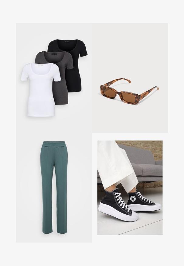 Trzy dopasowane koszulki w kolorze białym, szarym i czarnym. Każda z nich ma szeroki dekolt w serek i krótkie rękawy. Wykonana z gładkiego, elastycznego materiału.; Miękkie, turkusowe spodnie z elastycznym paskiem w talii, o prostym kroju nogawek, z pionowymi szwami na przodzie.; Czarne trampki typu high-top z białą gumową podeszwą i sznurowadłami. Posiadają okrągłe logo z boku oraz kontrastujące białe szwy.; Okulary przeciwsłoneczne w kolorze tortoishell z prostokątnymi brązowymi soczewkami, grubą oprawką i cienkimi zausznikami z wzorem w różnych odcieniach brązu.