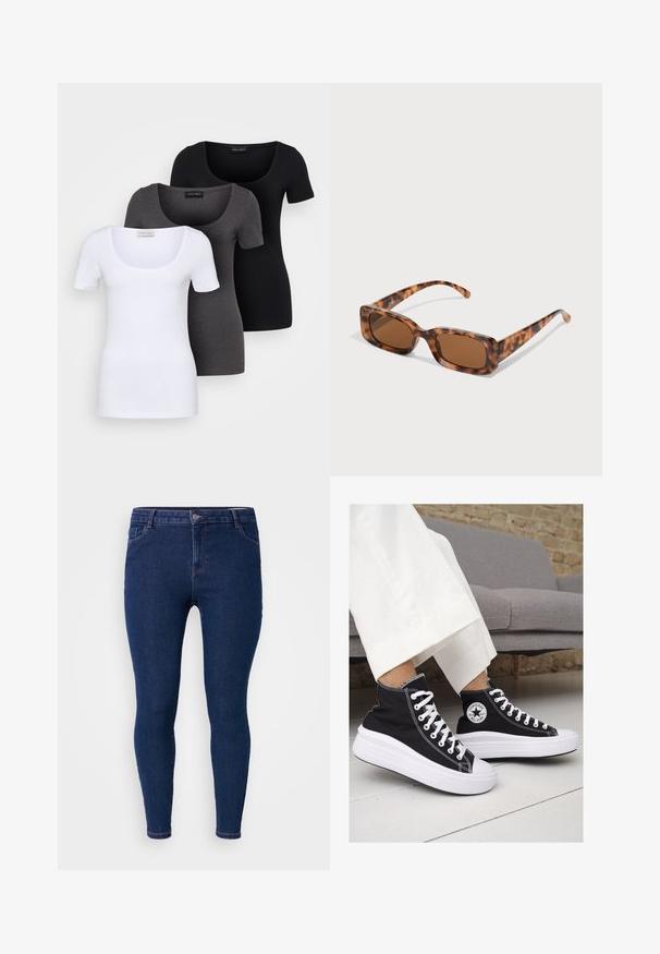 Trys priderinti marškiniai: balti, pilki ir juodi. Kiekvienas turi plačią apvalią iškirptę ir trumpas rankoves. Pagaminti iš lygaus, tamprių audinio.; Tamsiai mėlyni liesi džinsai iš denimo, su klasikiniu penkių kišenių dizainu, standartiniu juosmeniu ir liesa siluetu.; Juodi kanvasiniai aukšti sportbačiai su baltais guminiais padu ir raišteliais. Šonuose yra apskritas logotipas ir ryški balta siūlė.; Vėžlio kiauto saulės akiniai su stačiakampiais rudi objektyvais, storu rėmu ir siaurais rankenėlėmis, dekoruotomis skirtingų atspalvių ruda spalva.