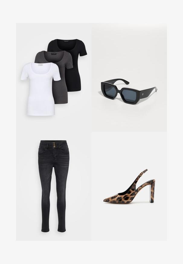 Tre åtsittande T-shirts i vitt, grått och svart. Var och en har en bred rundad halsringning och korta ärmar. Tillverkade av mjukt, stretcht tyg.; Svarta denimjeans med hög midja, utrustade med tre framknappar, två sidofickor och en smal passform med en lätt stretch.; Leopardmönstrad slingback-pump med spetsig tå och transparent blockklack. Tillverkad av glansigt material med en slät textur.; Svarta överdimensionerade solglasögon med geometrisk design, rektangulära linser och blank yta. Ingen synlig märkning på framsidan.