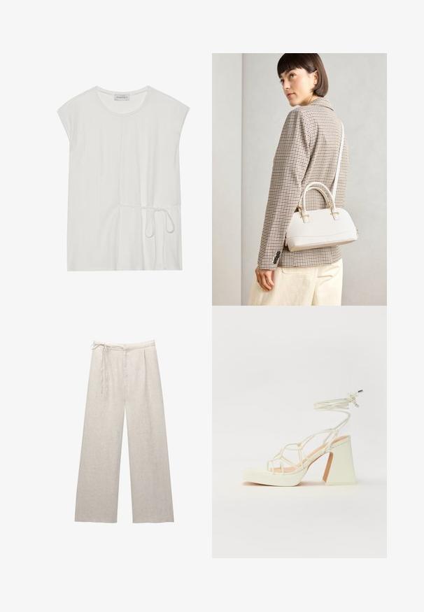 Valkoinen lyhythihainen paita, jossa on pyöreä kaula-aukko ja nyöritys vyötäröllä, erottuu sileällä ja pehmeällä pinnalla.; Vaaleanbeiget pellavahousut, joissa on leveät lahkeet ja korkea vyötärö, laskokset ja säädettävä nauha. Tasainen rakenne ja siistit linjat korostavat muotoilua.; Valkoinen korkokenkä, jossa on paksu korko, ja joka sisältää nauhakiinnityksen ja nilkkaketjun. Sujuva pinta, jossa on platform-etupohja lisäkorkeutta varten.; Valkoinen rakenteellinen käsilaukku, jossa on lyhyet kahvat ja olkahihna, varustettu kultaisilla metalliosilla ja tekstuurilla, esillä harmaata taustaa vasten.