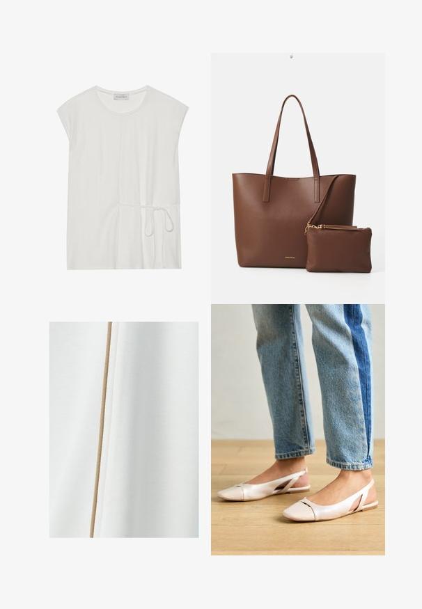 Top blanco de manga corta con un escote redondeado y un detalle de cordón en la cintura, con una textura suave y lisa.; Tejido blanco con una textura suave y una franjas de acento beige que corre verticalmente por un lado.; Bailarinas de color rosa pálido con tiras traseras y punta puntiaguda, fabricadas con un material similar al cuero suave. Presentan detalles recortados en los laterales y un tacón plano.; Bolso tote de imitación cuero marrón con dos asas largas y un pequeño bolso a juego. La superficie presenta un patrón texturizado y detalles en dorado.