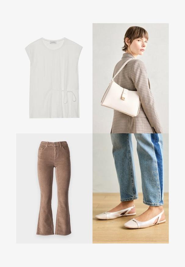 White short-sleeve top with a rounded neckline and a drawstring detail at the waist, featuring a smooth, soft texture.; Brown corduroy flared pants with a ribbed texture, featuring a high waist, five pockets, and a front button closure.; Pale pink slingback flats with a pointed toe, made from a smooth leather-like material. Features cut-out details at the sides and a flat heel.; White leather handbag with a structured design, featuring a magnetic clasp and a shoulder strap, showcased against a neutral background.