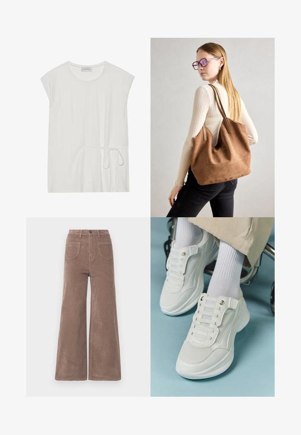 Balta trumpa rankovėmis palaidinė su apvaliu iškirpimu ir raišteliu juosmens srityje, pasižyminti glotnia, švelnia tekstūra.; Rudos švelnaus kordūro audinio plačiakojai kelnių modeliai su aukštu liemeniu, turintys mygtuko užsegimą, dvi užpakalines kišenes ir vertikalią šonkaulinę tekstūrą.; Baltos sportbačiai su tinklelio medžiaga, guminiais padais, be raištelių dizainu su elastinėmis juostelėmis ir auksinėmis detalėmis.; Ruda zomšos rankinė su minkšta tekstūra, dideliu atidarymu ir ilgomis diržais. Pasižymi paprastu dizainu, matomomis siūlėmis ir be aksesuarų.