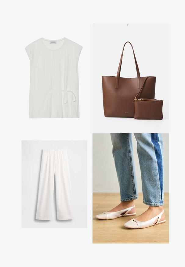 Top alb cu mânecă scurtă și guler rotund, cu detaliu cu șnur la talie, având o textură netedă și moale.; Pantaloni albi cu picioare largi dintr-un material neted, având talie înaltă, închidere frontală vizibilă cu buton și cusături îngrijite pe margini.; Sandalete plate de un roz pal cu vârf ascuțit, realizate dintr-un material asemănător pielii, neted. Prezintă detalii decupate pe laterale și un toc plat.; Geantă tote din piele ecologică maro, cu două mânere lungi și un sacou mic asortat. Suprafața are un model texturat și accente din metal de culoare aurie.