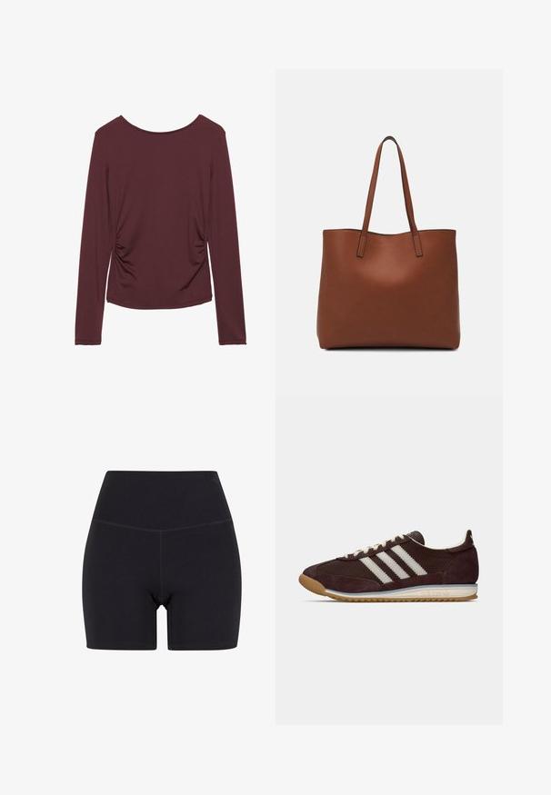 Lange mouwen maroon top gemaakt van zachte stof, met zij rimpelingen, een ronde halslijn en een aansluitende silhouet. Glad textuur, geen zichtbare patronen.; Zwarte high-waisted shorts gemaakt van rekbaar materiaal. Voorzien van een elastische tailleband, een gladde textuur en een lengte tot halverwege de dij met een naadloos ontwerp.; Lage, donkere bordeauxrode Adidas sneaker met witte strepen, roomkleurige veters en een gumrubberen zool, zijaanzicht op een effen achtergrond.; Bruine leren tote bag met een gladde textuur, een ontwerp met een open bovenkant en twee schouderbanden. Kenmerkt zich door minimale stiksels en geen zichtbare hardware.