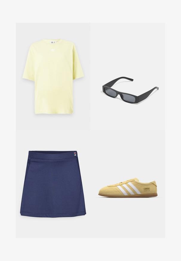 Šviesiai geltona Adidas marškinėliai trumpomis rankovėmis su mažu baltu trefoil logotipu centre, arti kaklo.; Tamsiai mėlyna sportinė sijonas, pagamintas iš tamprios medžiagos, su plokščiu juosmeniu ir mažo logotipo etikete viršutiniame dešiniajame kampe. Lygi tekstūra.; adidas Originals GAZELLE LO PRO W - Sportbačiai - almost yellow/footwear white; Juodos stačiakampės saulės akinių su tamsiais lęšiais ir storais matiniais rėmeliais. Rėmelio kojos šiek tiek siaurėja ir turi lygią tekstūrą.