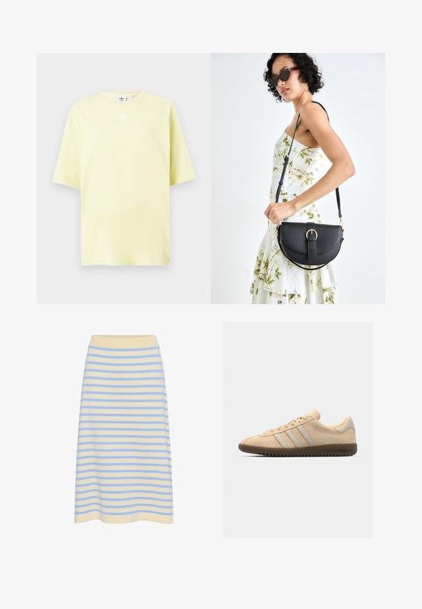 Lys gul Adidas T-shirt med korte ærmer og lille hvid trefoil-logo i midten nær halsudskæringen.; Stripet midi-nederdel i blød bomuld med en lys gul bundfarve og blå vandrette striber. Har en ribbet elastisk talje.; Beige ruskinds sneakers med tre sølvstriber, flad brun gummisål, rund tå og minimalistisk design.; Sort læderhåndtaske med en buet form, aftagelig rem og guldfinish. Tasken har en klap med en spænde detalje.