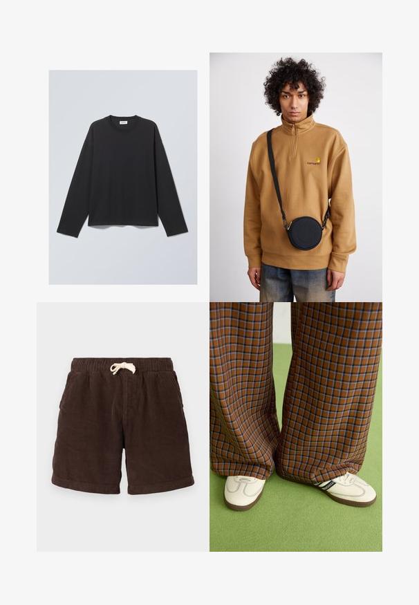 Juodas ilgo rankovės marškinėlis, pagamintas iš minkštos medžiagos. Sukurtas su apvaliu kaklu ir laisvu siluetu. Siūlių detalės ant pečių, minimalus dizainas.; Rudos korduroy šortai su elastingu liemeniu, šnurku uždarymu ir šoninėmis kišenėmis. Audinys turi vertikalią raitymą ir tekstūruotą apdailą.; Rudos ir mėlynos langelinės plačios kelnės, derinamos su baltais batais su juodais akcentais ir tekstūruotais padais, prieš žalią foną.; Rudas ketvirčio užtrauktuko vilnos švarkas su siuvinėtu logotipu, derinamas su juodu apvaliu per petį nešiojamu krepšiu su užtrauktuku ir logotipo detale, dėvimas virš džinsų.