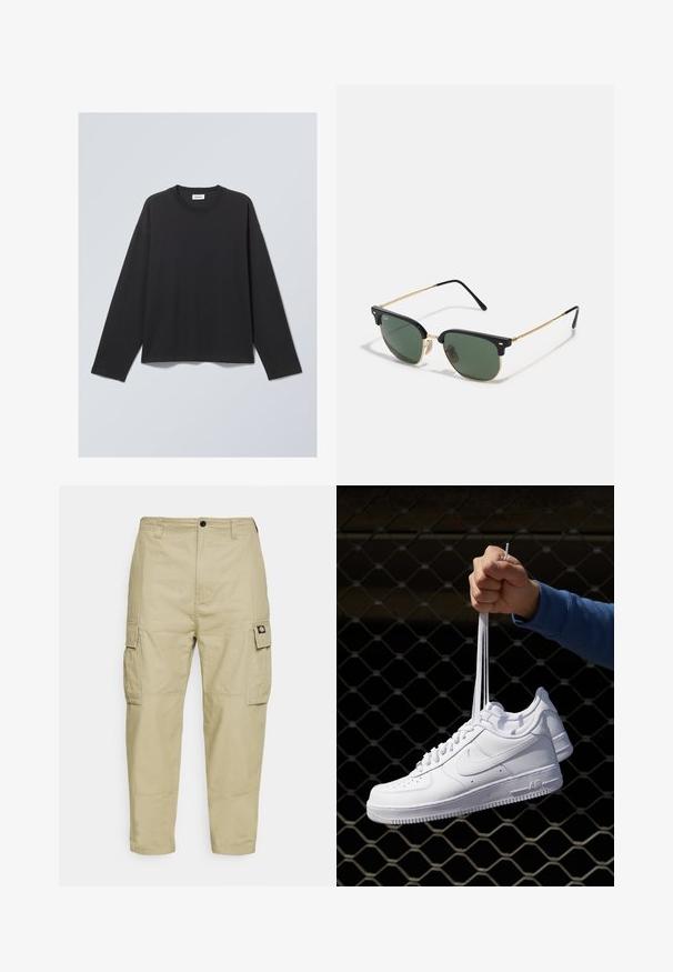 T-shirt preto de mangas compridas feito de tecido suave. Apresenta um decote redondo e um corte descontraído. Detalhes de costura nos ombros, design minimalista.; Calças cargo bege feitas de um tecido durável, com dois bolsos laterais, fecho de botão e pernas ajustadas com uma textura suave.; Sapatilhas de couro branco com perfurações, biqueira redonda, sola plana e atacadores grossos, apresentando um logotipo swoosh visível e "AIR" no calcanhar.; Óculos de sol com lentes verdes, estrutura superior em plástico preto, detalhes em metal dourado e hastes finas em preto. Apresenta um design de ponte distinto.