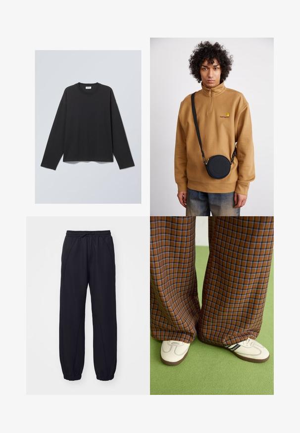 Juodas ilgo rankovės marškinėlis, pagamintas iš minkštos medžiagos. Sukurtas su apvaliu kaklu ir laisvu siluetu. Siūlių detalės ant pečių, minimalus dizainas.; Juodos sportinės kelnės, pagamintos iš minkštos medžiagos, su elastingu juosmeniu su raišteliu, aptemptais hemiais ir dekoratyviniu siuvimu.; Rudos ir mėlynos langelinės plačios kelnės, derinamos su baltais batais su juodais akcentais ir tekstūruotais padais, prieš žalią foną.; Rudas ketvirčio užtrauktuko vilnos švarkas su siuvinėtu logotipu, derinamas su juodu apvaliu per petį nešiojamu krepšiu su užtrauktuku ir logotipo detale, dėvimas virš džinsų.