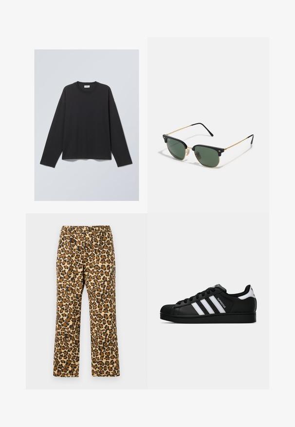 Sort langærmet T-shirt lavet af blødt stof. Har en rund hals og en afslappet pasform. Søm detaljer på skuldrene, minimalistisk design.; Leopardmønstret bukser i tan, brun og sort. Har en elastisk talje og en afslappet, lige pasform. Letvægtsstof.; Sort Adidas Superstar sneaker med hvide striber, skaletå og "Superstar"-tekst på siden, vist i sideprofil på hvid baggrund.; Solsikker med grønne linser, sort plastisk overramme, guld metal accenter og slanke sorte stelarme. Har et karakteristisk brodesign.