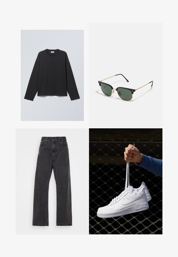 Svart langermet T-skjorte laget av myk stoff. Har rund hals og avslappet passform. Sømdetaljer på skuldrene, minimalistisk design.; Sorte denim jeans med rette ben, høy liv og klassisk femlommestil. Har en ren finish og slitesterk søm.; Hvite skinnsneakers med perforeringer, rund tå, flat såle og tykke lisser, med en synlig swoosh-logo og "AIR" på hælen.; Solbriller med grønne linser, svart plast overramme, gullfargede metall detaljer, og slanke svarte stenger. Har et karakteristisk brodesign.