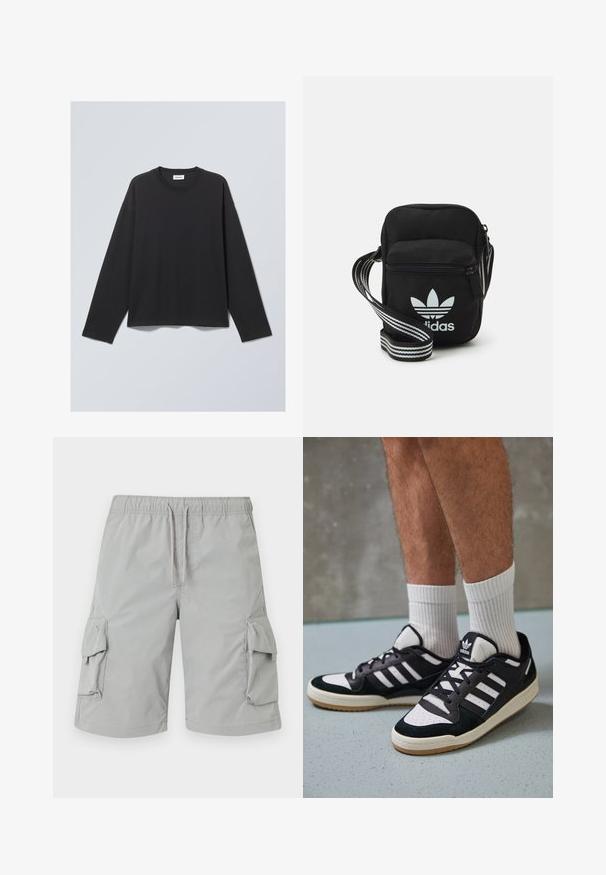 Czarna, długopalczasta koszulka wykonana z miękkiego materiału. Posiada okrągły dekolt i luźny krój. Szwy na ramionach, minimalistyczny design.; Jasnoszare szorty cargo z elastycznym paskiem w talii, zaciąganiem na sznurek i dwoma dużymi bocznymi kieszeniami. Gładki, lekki materiał.; Czarno-białe sneakersy z zamszową i skórzaną cholewką, z trzema białymi paskami, perforowanym czubkiem i gumową podeszwą w kolorze gumy.; Czarna torba crossbody wykonana z materiału, z zamknięciem na zamek błyskawiczny, z białym logo Adidas oraz regulowanym paskiem w paski, co ułatwia noszenie.