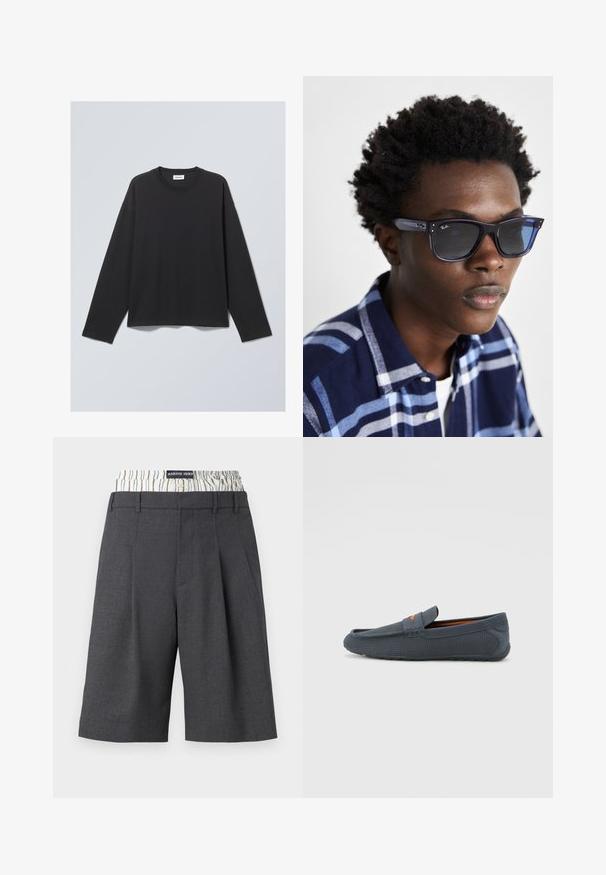 Black long-sleeve T-shirt made of soft fabric. Features a crew neckline and relaxed fit. Seam details on shoulders, minimalistic design.; Gray tailored bermuda shorts with a pleat design, featuring a contrasting striped waistband. Made from a textured fabric.; Gray perforated loafers with a slip-on design, featuring an orange accent, rounded toe, and textured rubber outsole.; Blue Ray-Ban sunglasses with a glossy finish, square shape, and dark lenses; worn with a navy and light blue plaid shirt.