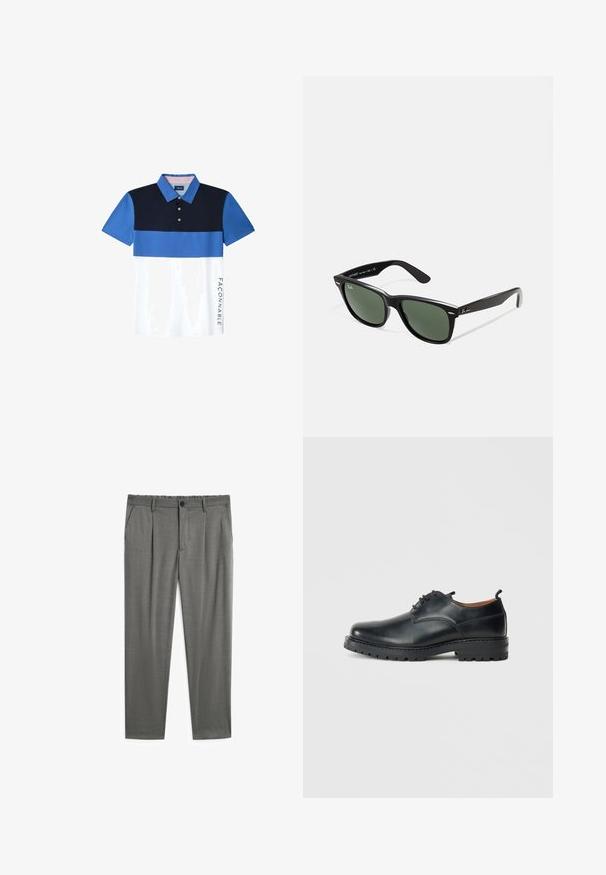 Polo a maniche corte con un design color block in blu navy, blu e bianco. Include un colletto con bottoni e un logo sul lato.; Pantaloni grigi con una texture liscia, caratterizzati da chiusura con bottone, vita elastica e due tasche laterali. Design sartoriale con pince.; Scarpe derby in pelle nera con superficie liscia, punta arrotondata, design con lacci e suola in gomma spessa e robusta.; Occhiali da sole in plastica nera con lenti verdi, montatura quadrata, dettaglio argento sulla parte superiore e steli con texture. Marchio indicato sulla parte interna dello stelo.