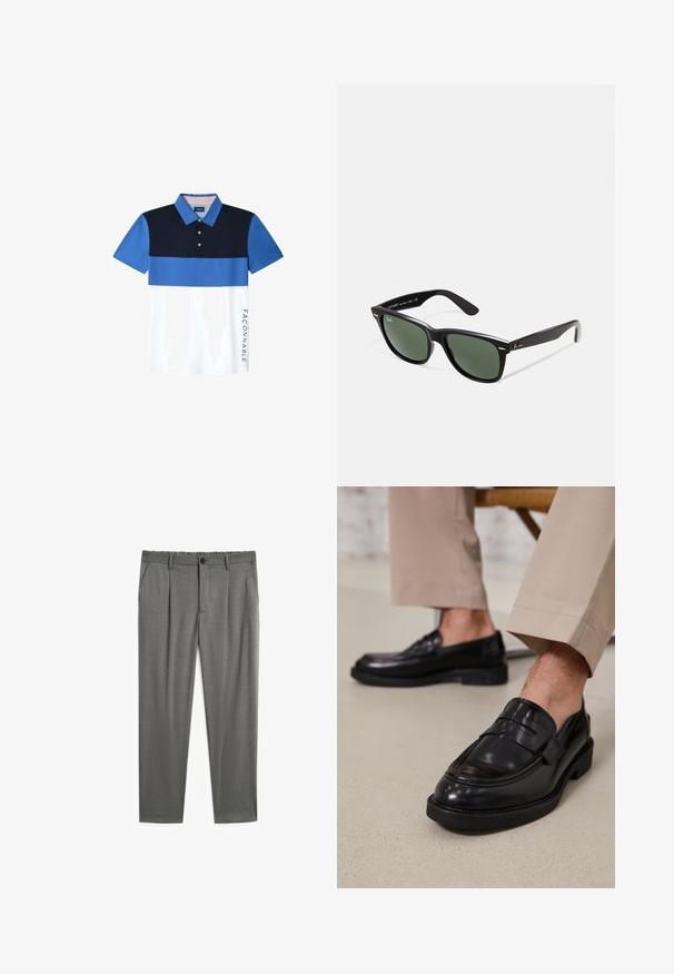 Korte mouw polo-shirt met een kleurblokontwerp in marineblauw, blauw en wit. Inclusief een kraag met knopen en een logo aan de zijkant.; Grijze broek met een gladde textuur, voorzien van een knoopsluiting, elastische tailleband en twee zijzakken. Op maat gemaakte ontwerp met plooien.; Zwarte leren loafers met een gladde afwerking, voorzien van een decoratieve band en contrasterende stiksels, gecombineerd met beige broeken.; Zwarte plastic zonnebril met groene lenzen, vierkante montuur, zilveren accent op de wenkbrauw en een gestructureerde tempel. Merken vermeld op de binnenkant van de arm.