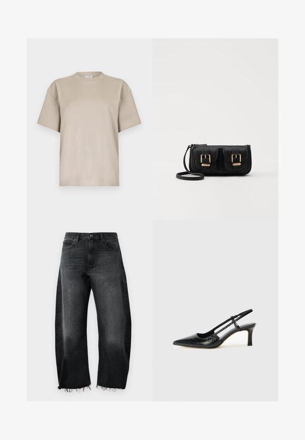 T-shirt de algodão bege com decote redondo, mangas curtas e corte descontraído. Textura suave, design minimalista, sem padrões ou detalhes.; Jeans de ganga preta com um design de perna larga, bainha desfiada, cinco bolsos e desbotamento subtil; feitos de um material de algodão resistente.; Salto slingback em patente preta com bico apontado, apresentando um padrão de pele de cobra texturizado, tira ajustável e um salto bloco curto e texturizado.; Bolsa de ombro em couro preto com dois bolsos frontais, fivelas douradas, fecho de zíper e uma alça fina. Superfície texturizada e forma retangular compacta.