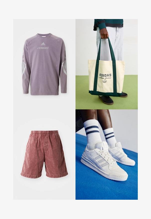 Långärmad lila sweatshirt i bomull med rund halsringning, "TEAMGEIST"-tryck och abstrakt grå grafik på ärmarna. Adidas-logotypen är närvarande.; Rostfärgade bomullsshorts med elastisk midja, med en texturerad yta och sidofickor, som slutar precis ovanför knäna.; Vita lädersneakers med perforerade detaljer, tre metalliska ränder och en strukturerad sidopanel. Bärs med vita strumpor med blå ränder.; Person som håller en beige Adidas tote-väska med mörkgröna handtag, iförd ljusgrå byxor och svarta sneakers på grön golv.