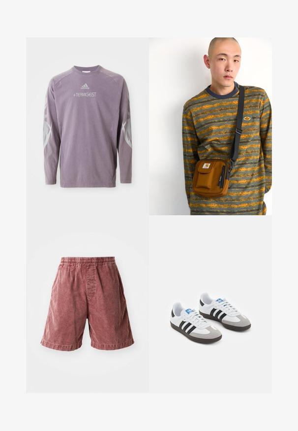 Ilgi piedurkņu purpura džemperis, izgatavots no kokvilnas, ar apaļu kakla izgriezumu, "TEAMGEIST" drukājumu un abstraktām pelēkām grafikām uz piedurknēm. Klāt ir Adidas logo.; Rūsgani kokvilnas šorti ar elastīgu jostu, ar teksturētu virsmu un sānu kabatām, beidzas tieši virs ceļgala.; Sporta apavi ar balto ādas virsu, pelēku zamšādas purngalu un trim melnām svītrām. Iezīmē zilu logotipu uz mēles un teksturētu gumijas zoli.; Brūna auduma plecu soma ar rāvējslēdzēju un priekšējo kabatu; valkāta virs pelēka un oranža svītrainā garā piedurkņu krekla ar logotipa uzšuvi.