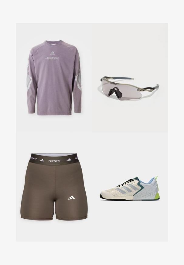 Pitkähihaisen violettipaita, joka on valmistettu puuvillasta. Siinä on pyöreä kaula-aukko, "TEAMGEIST" -teksti ja abstrakteja harmaita grafiikoita hihoissa. Adidas-logo on läsnä.; adidas Performance TECHFIT SHORT - Trikoot - shadow olive; Kevyet urheilukengät, joissa on kermaisen värinen verkkopinta, harmaat raidat, vihreä yksityiskohta ja texturoitu sininen kantapää. Mustat nauhat.; Aurinkolasit, joissa on läpinäkyvä harmaa kehys, sävyrikkaita linssejä ja kulmikas muotoilu. Ominaisuuksiin kuuluu erityinen nenäosa ja teksturoitu tummanharmaa temppeleiden varsi.