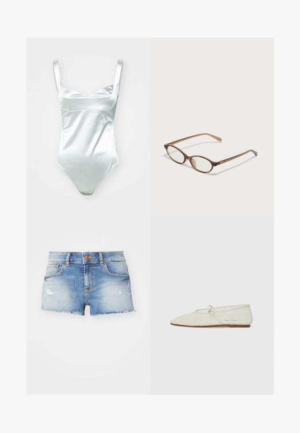 Vaaleansininen satiininen yhden osan uimapuku, jossa on pyöreä kaula-aukko ja leveät hihat. Uimapuvussa on sileä pinta ja korkeat lahkeensuukkeet.; Vaaleansiniset farkkushortsit, joissa on kulutettu viimeistely, repaleinen helma, viisi taskua ja yksittäinen nappisulku edessä.; Kermakuvioinen verkkomateriaalisella balettitossulla, jossa on terävä kärki ja säädettävä hihna. Ominaisuuksiin kuuluu teksturoitu päällinen ja tasapohja, joka on ruskea.; Ruskeat kilpikonnaruutulasiset silmälasit, joissa ovaalit linssit, ohuet varret ja läpinäkyvät yksityiskohdat. Temppeleissä on huomaamaton logo. Suunnittelultaan suora ja kevyt.