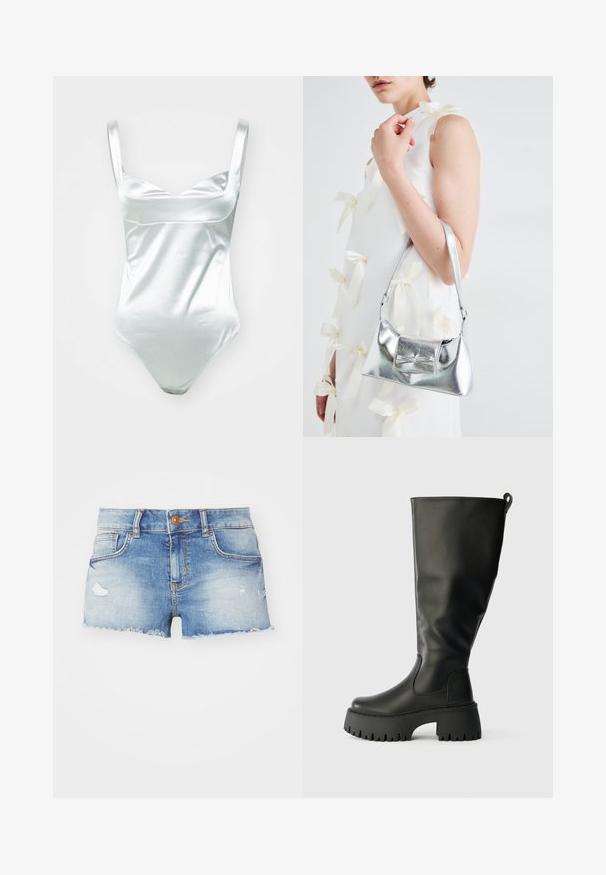 Svijetloplavo satensko jednopiece kupaćih kostim s izrezom u obliku žlice i širokim naramenicama, s glatkom teksturom i visokim izrezima na nogama.; Traper šorts u svijetloplavoj boji s istrošenim izgledom, poderanim rubom, dizajnom s pet džepova i jednim gumbom za zatvaranje sprijeda.; Crne gumene čizme do koljena s debelim potplatom, glatkom teksturom i trakom na poleđini za lakše obuvanje. Dizajn s okruglim vrhom.; Srebrna metalik torbica sa strukturiranim oblikom, s gornjom drškom i detaljem mašne sprijeda. Glatka tekstura, reflektirajući finiš.