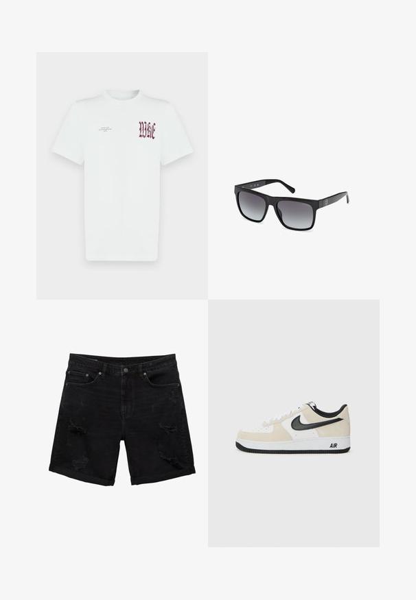 Wit katoenen T-shirt met rode "NIKE"-opdruk en tekst op de linkerborst. Korte mouwen en een ronde hals, gladde textuur.; Zwarte denim shorts met een ontspannen pasvorm, voorzien van distressed details, een vijf-pocket ontwerp en opgerolde zomen.; Sneakers met een lichtbeige suède en witte leren bovenkant, zwarte Nike swoosh, zwarte accenten en een witte rubberen zool met "AIR" branding.; Guess Zonnebril - glossy black smoke gray